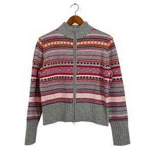 Vtg Context 100% Wool Fair Isle Sweater Sz L Full Zip Beaded Sequined NOS